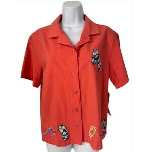 Pretty Bleu Button Down Shirt Women L Coral Flip Flop Embroidered Cotton Orange